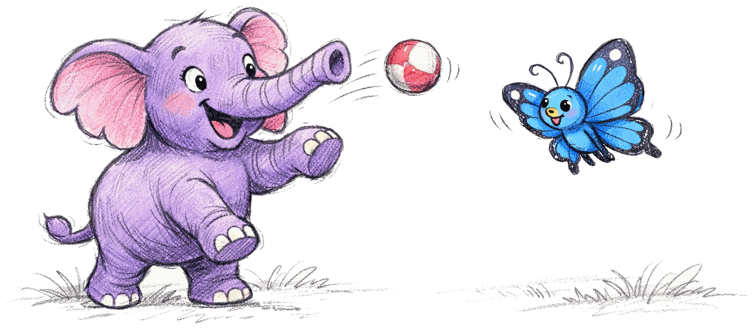 A purple elephant happily tossing a ball to a blue butterfly